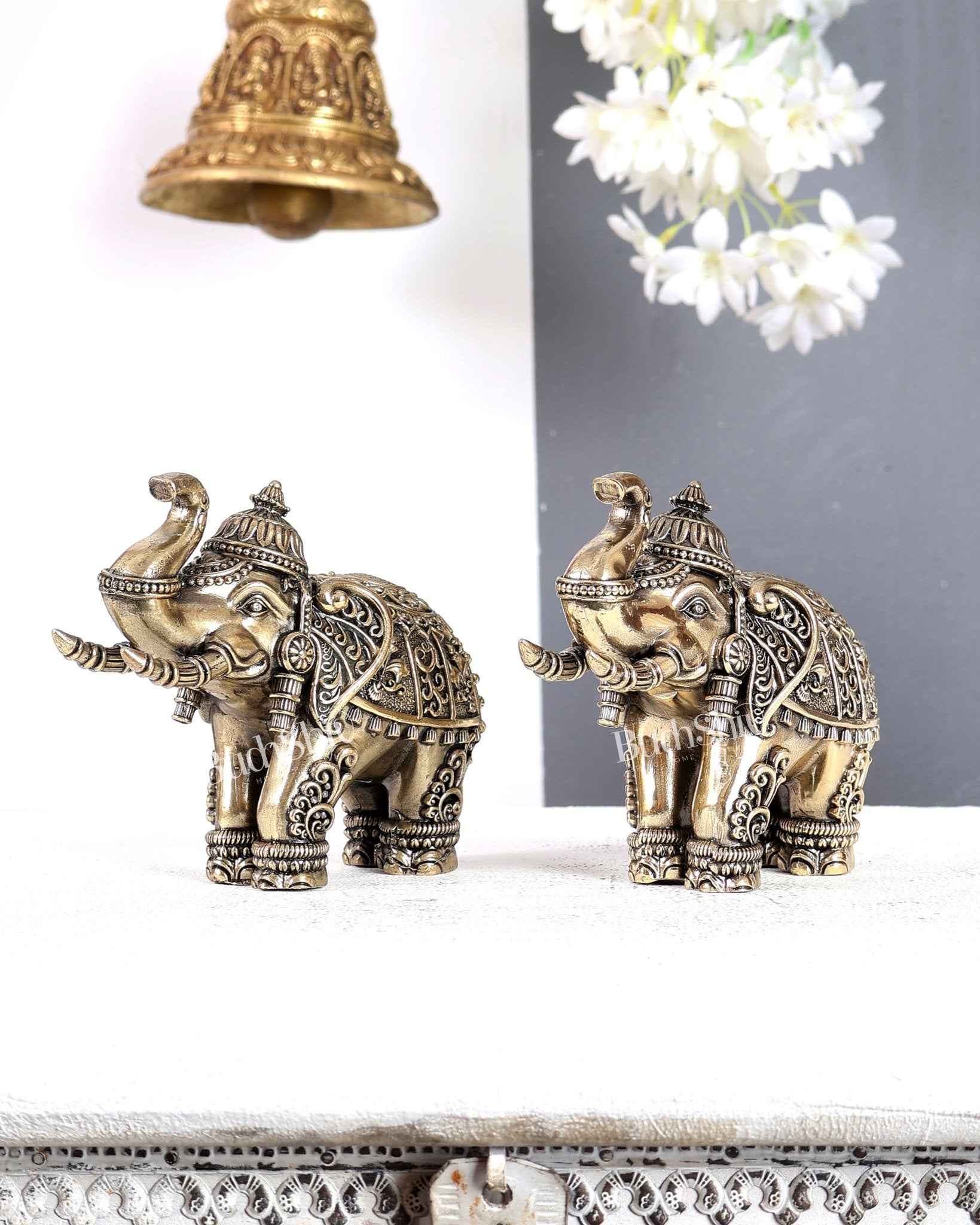 Brass Superfine Crowned Elephant Pair – Elegant Decorative Showpieces 5 inch - Budhshiv.com