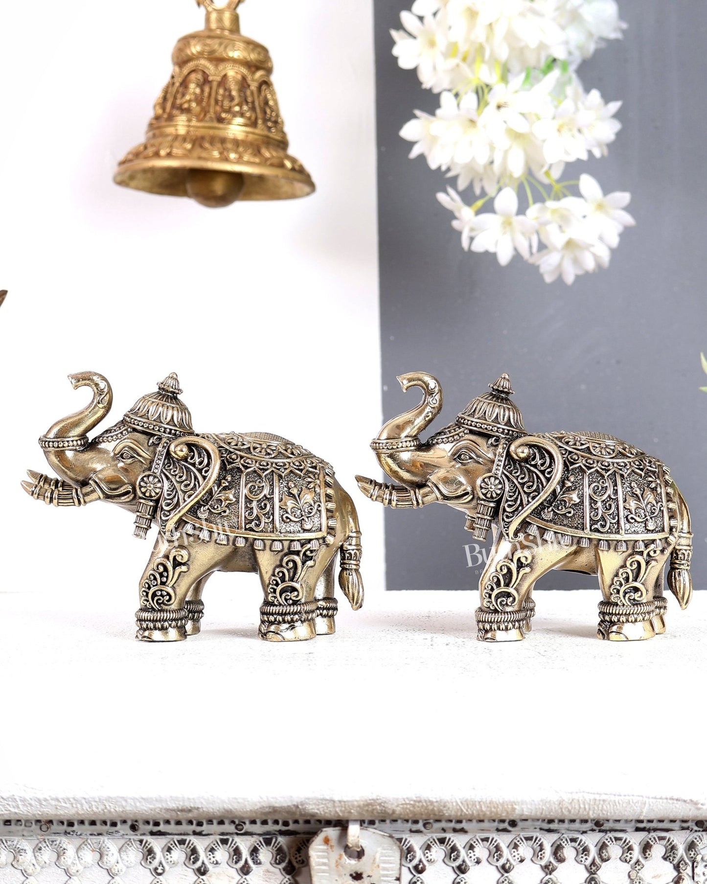 Brass Superfine Crowned Elephant Pair – Elegant Decorative Showpieces 5 inch - Budhshiv.com