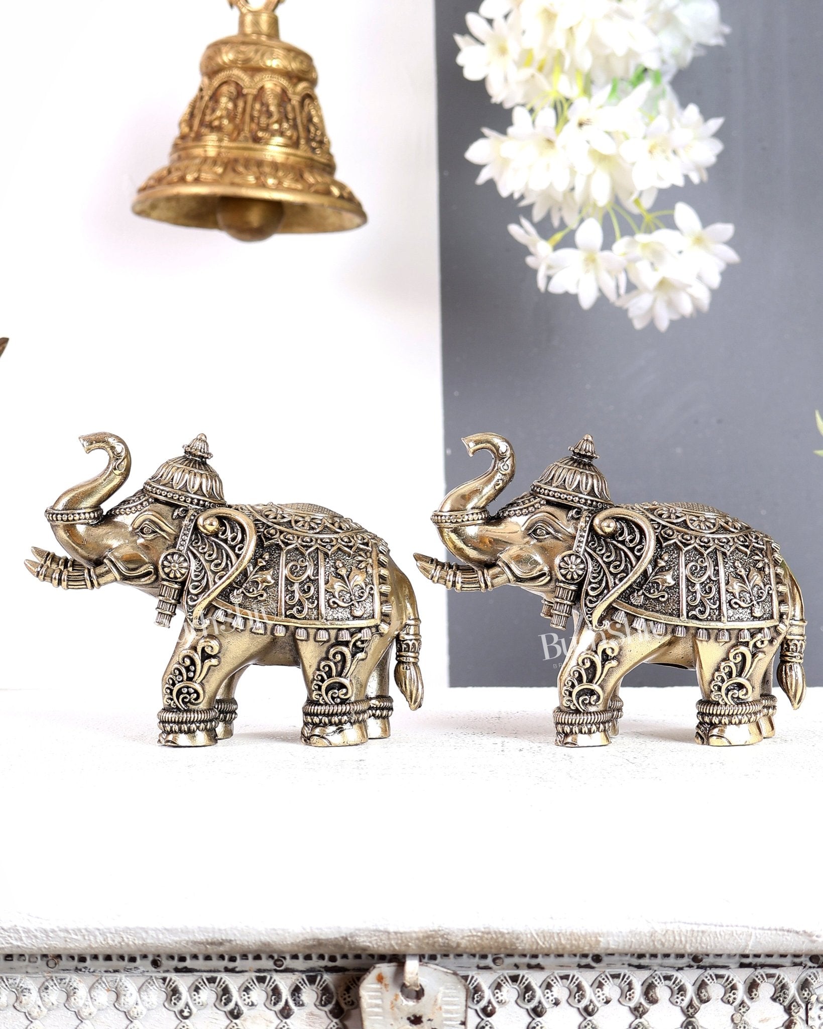Brass Superfine Crowned Elephant Pair – Elegant Decorative Showpieces 5 inch - Budhshiv.com