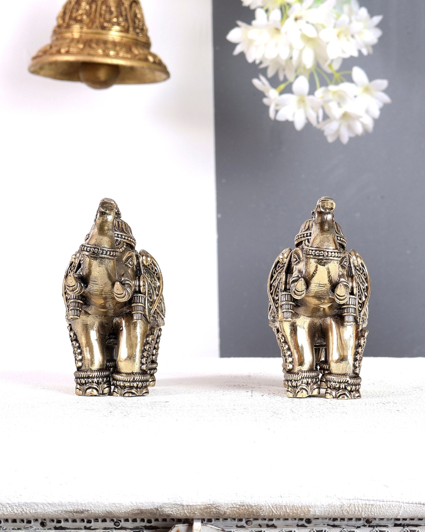 Brass Superfine Crowned Elephant Pair – Elegant Decorative Showpieces 5 inch - Budhshiv.com
