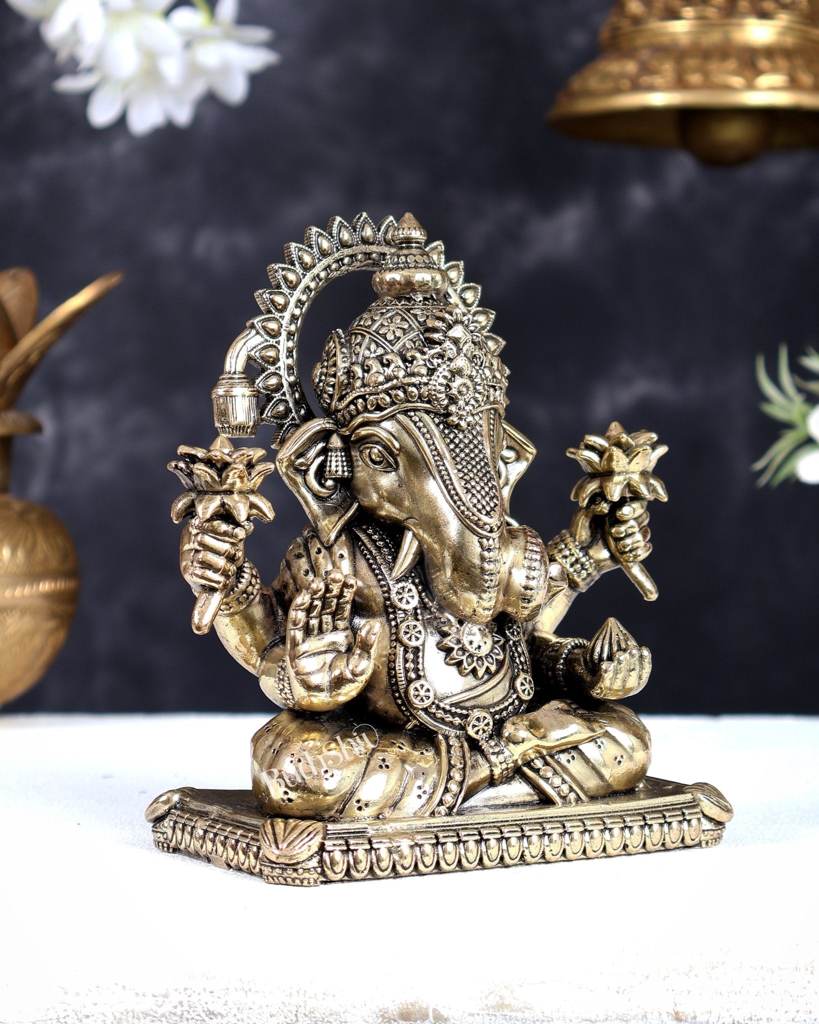 Brass Superfine Dagdusheth Ganapati Intricate Statue 6 inch - Budhshiv.com
