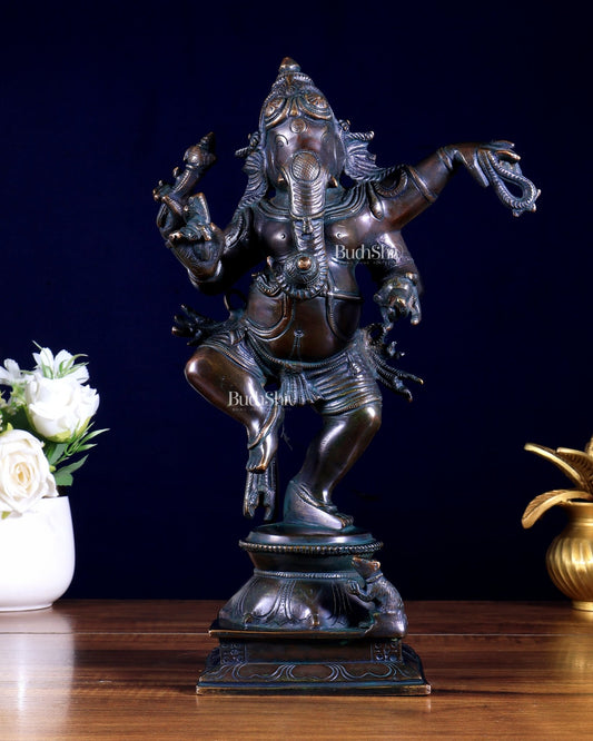 Brass Superfine Dancing Ganesha Statue - 12.5" Antique Bronze finish - Budhshiv.com