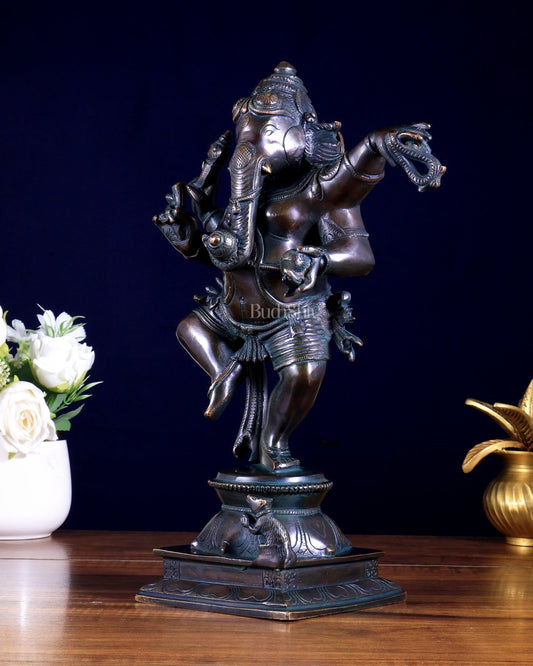 Brass Superfine Dancing Ganesha Statue - 12.5" Antique Bronze finish - Budhshiv.com