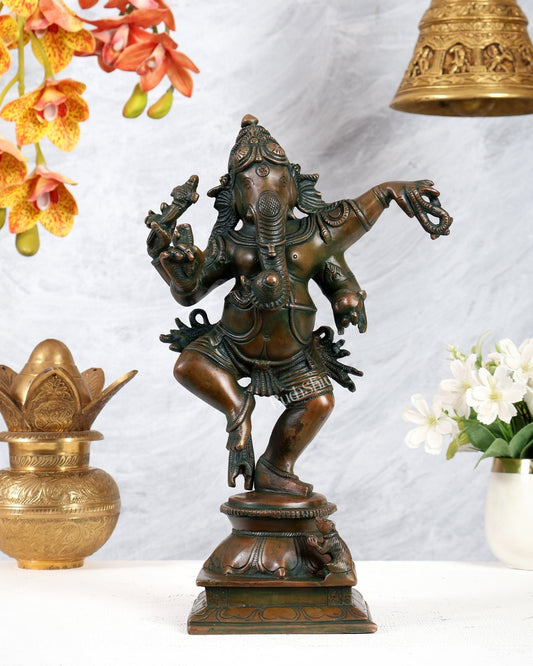 Brass Superfine Dancing Ganesha Statue - 12.5" thick copper finish - Budhshiv.com