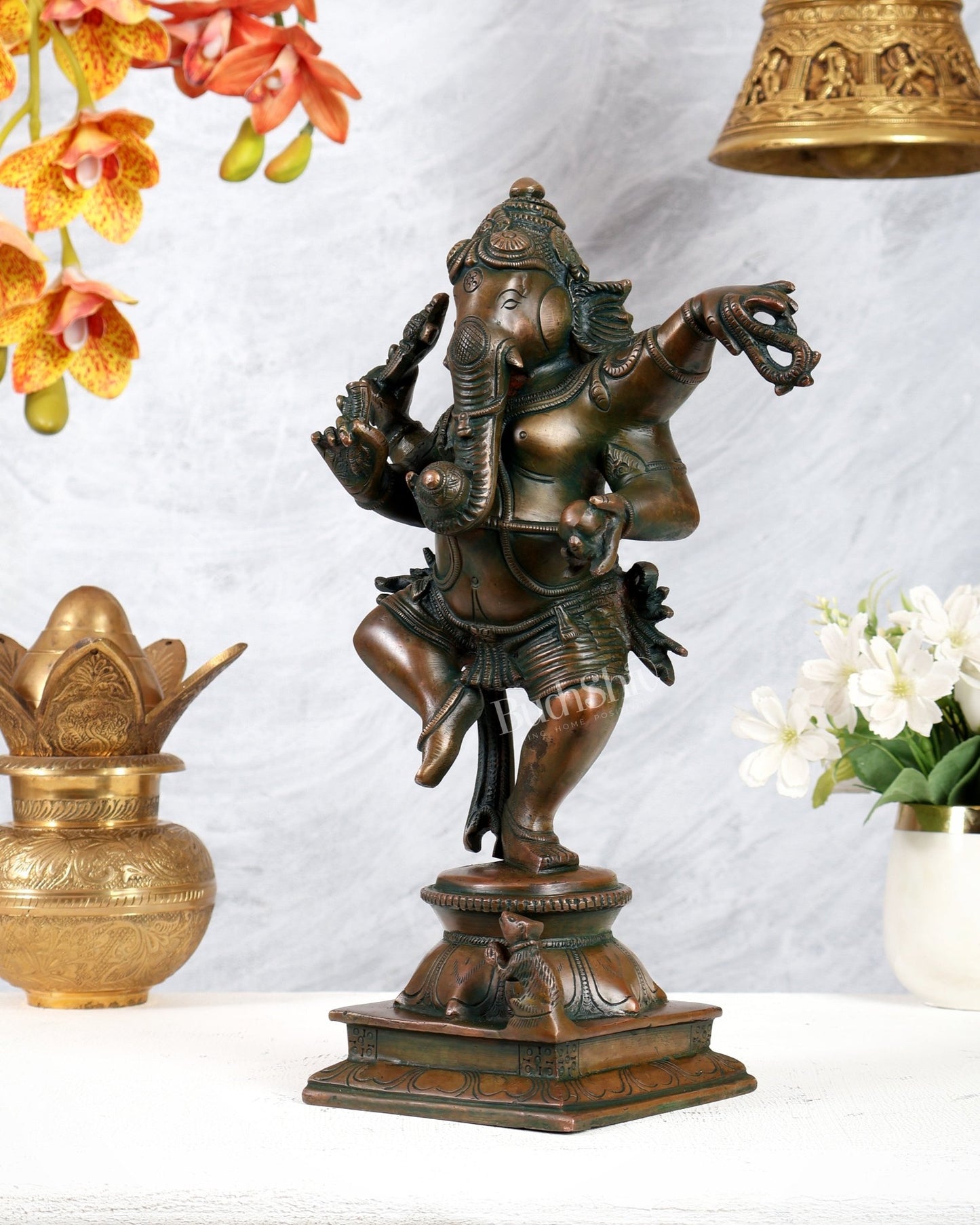 Brass Superfine Dancing Ganesha Statue - 12.5" thick copper finish - Budhshiv.com