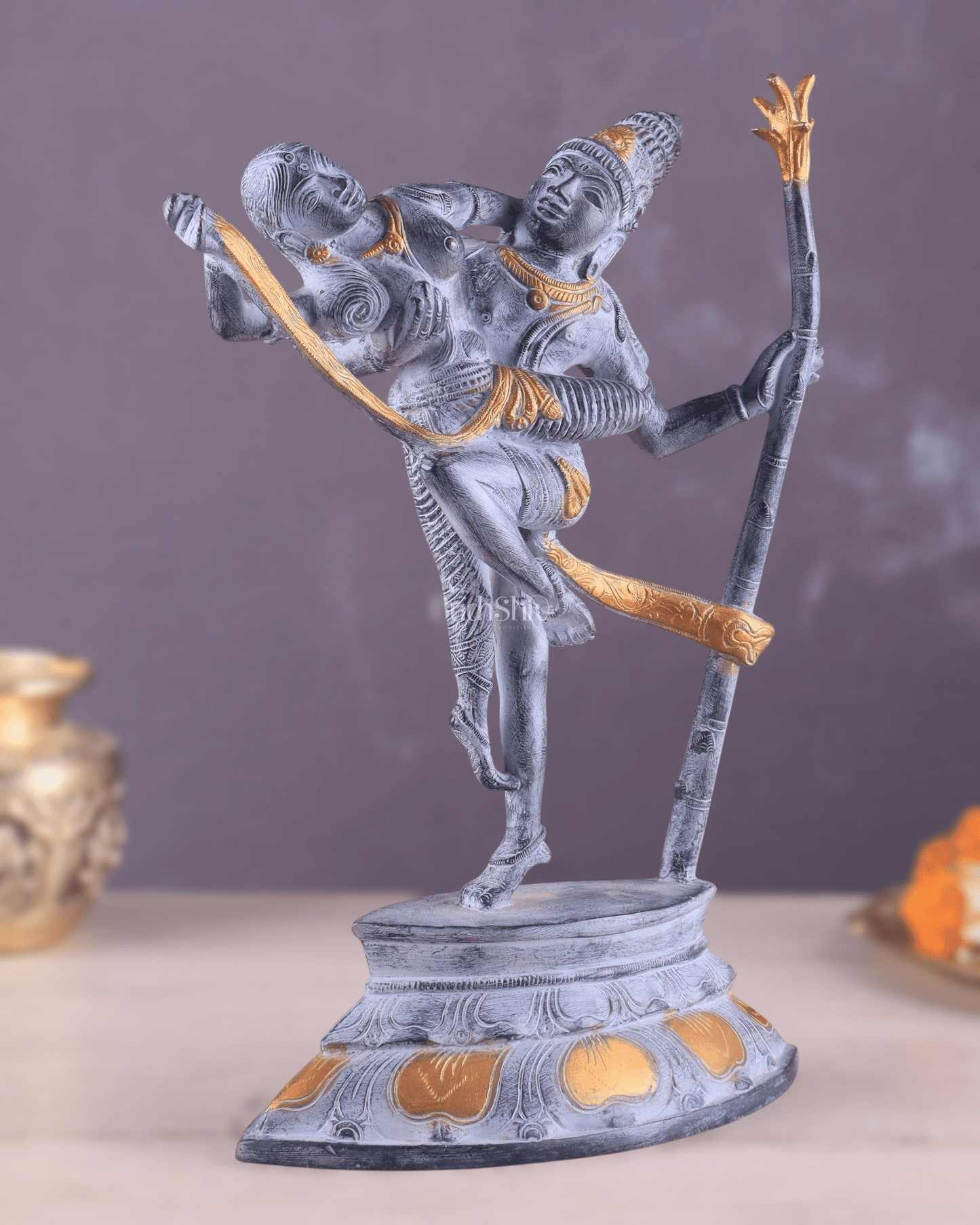 Brass Superfine Dancing Rati and Kaamdeva 13 inch grey sandstone finish - Budhshiv.com