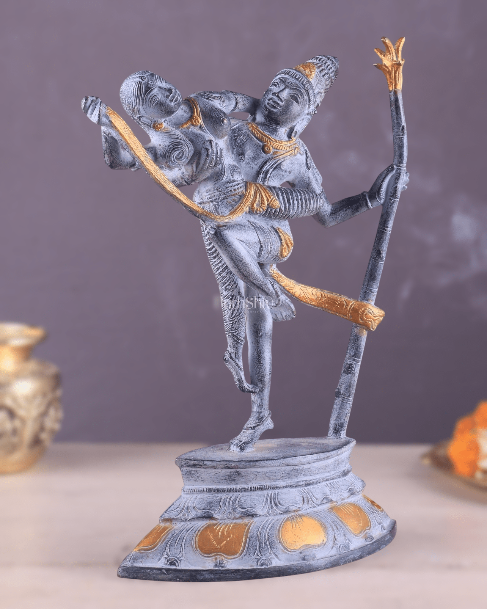Brass Superfine Dancing Rati and Kaamdeva 13 inch grey sandstone finish - Budhshiv.com