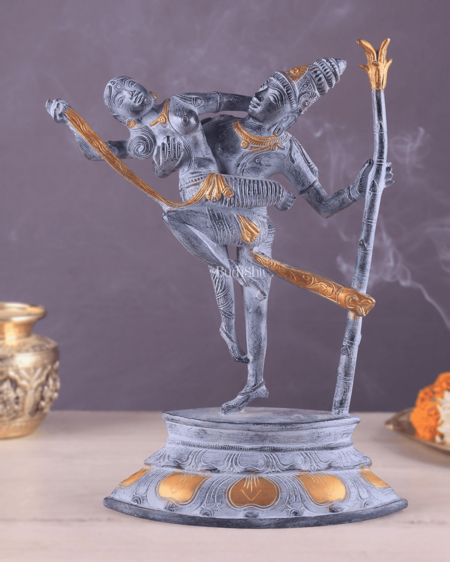 Brass Superfine Dancing Rati and Kaamdeva 13 inch grey sandstone finish - Budhshiv.com