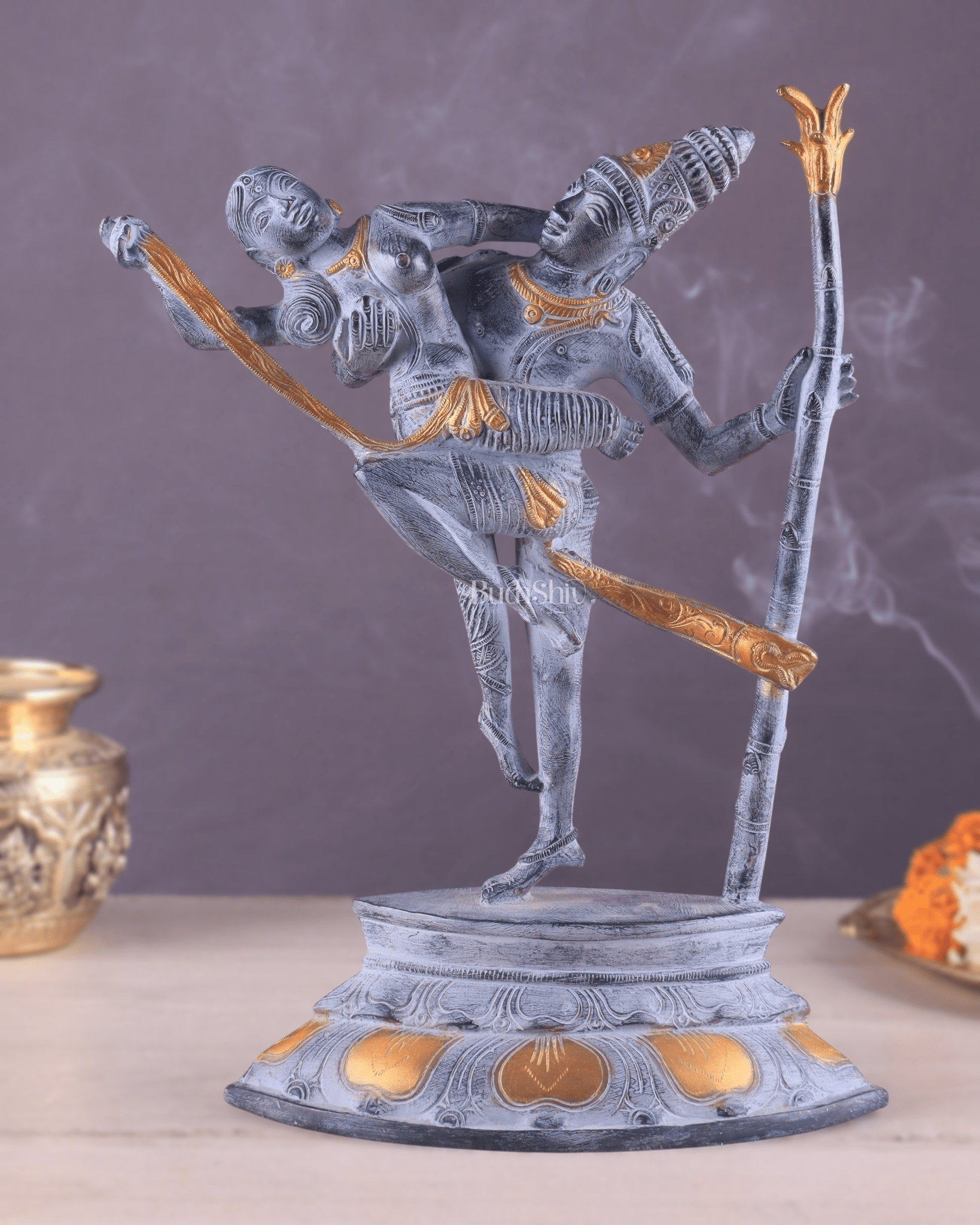 Brass Superfine Dancing Rati and Kaamdeva 13 inch grey sandstone finish - Budhshiv.com