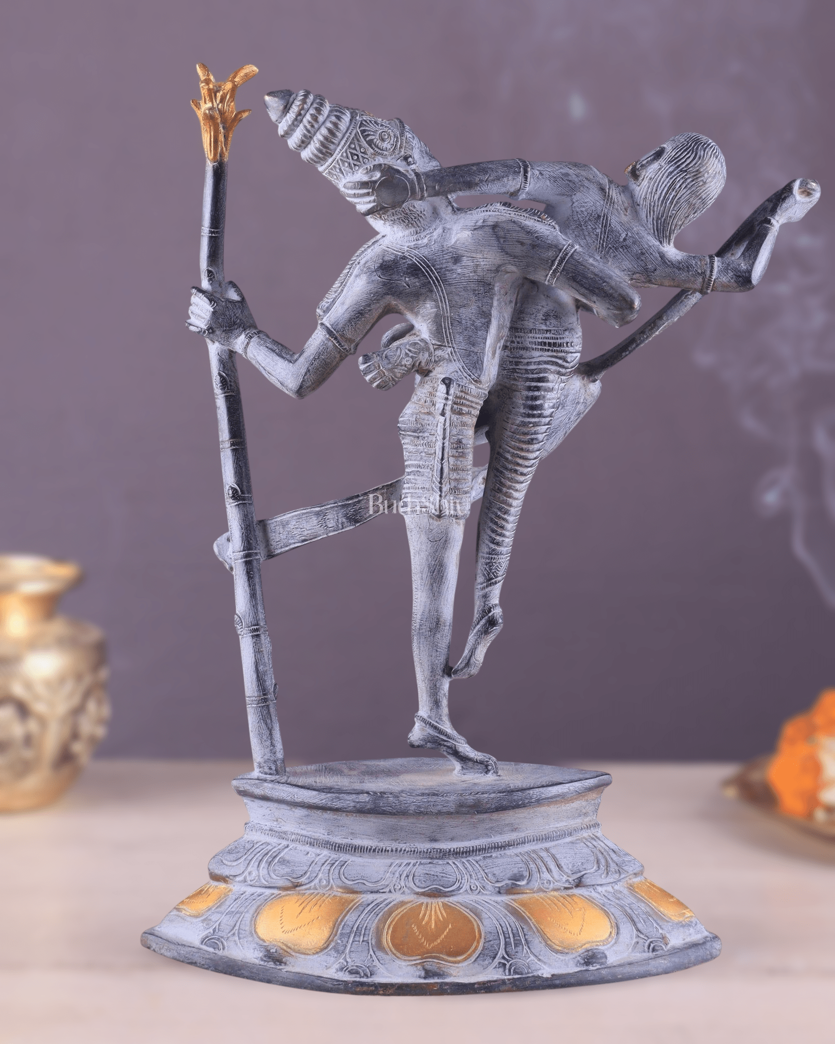 Brass Superfine Dancing Rati and Kaamdeva 13 inch grey sandstone finish - Budhshiv.com