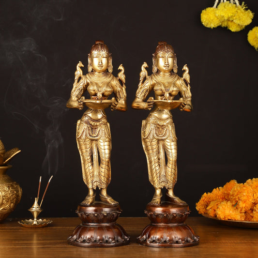 Brass Superfine Deep Lakshmi Pavaai Vilakku - 15" Lady with Diyas - Budhshiv.com