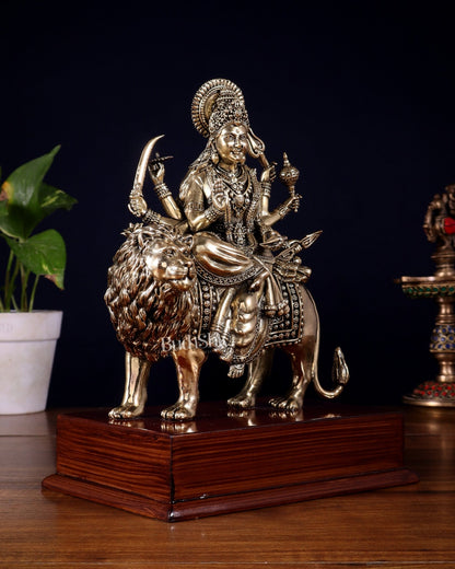 Brass Superfine Durga Ambe Mata Idol on Wooden Base – 9.5 Inch - Budhshiv.com