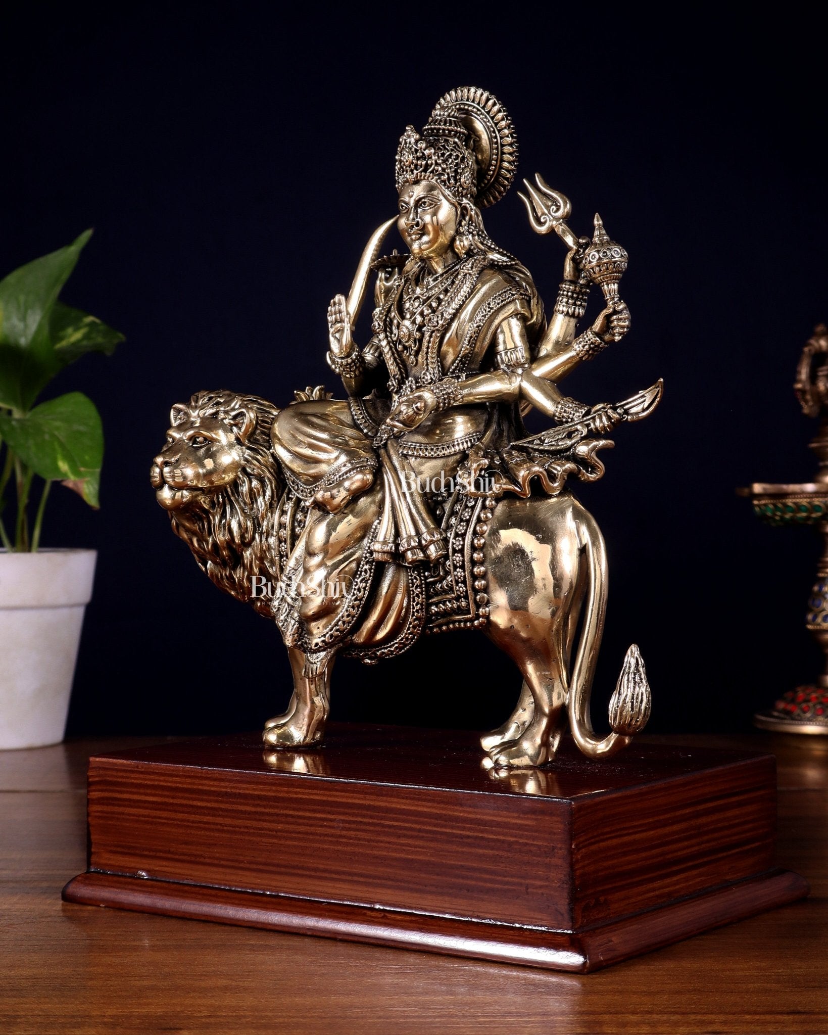 Brass Superfine Durga Ambe Mata Idol on Wooden Base – 9.5 Inch - Budhshiv.com