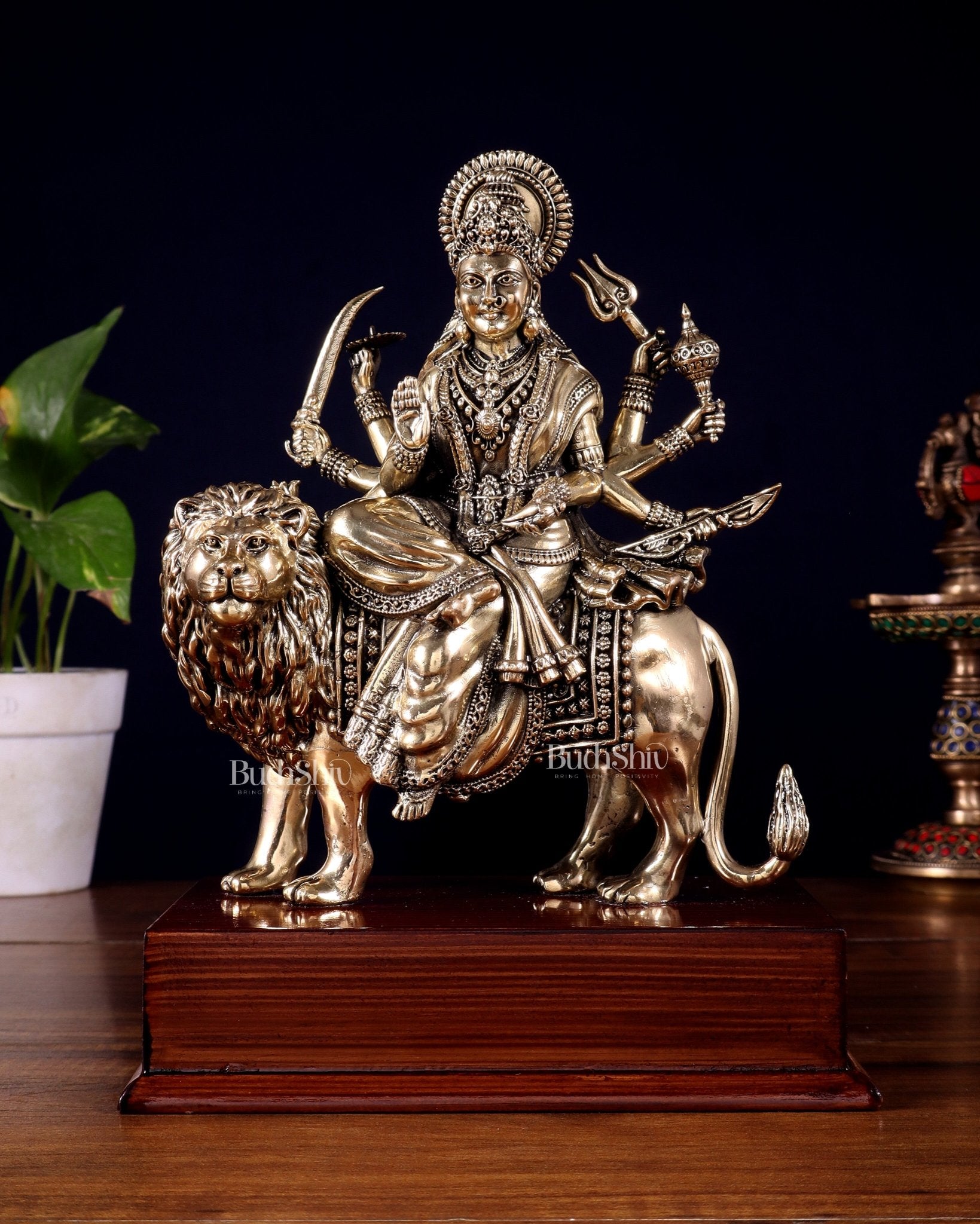 Brass Superfine Durga Ambe Mata Idol on Wooden Base – 9.5 Inch - Budhshiv.com