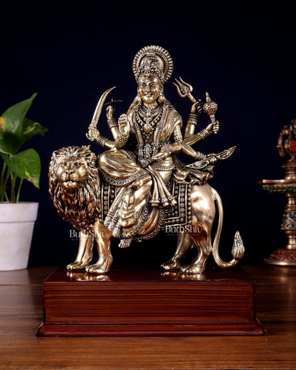 Brass Superfine Durga Ambe Mata Idol on Wooden Base – 9.5 Inch - Budhshiv.com