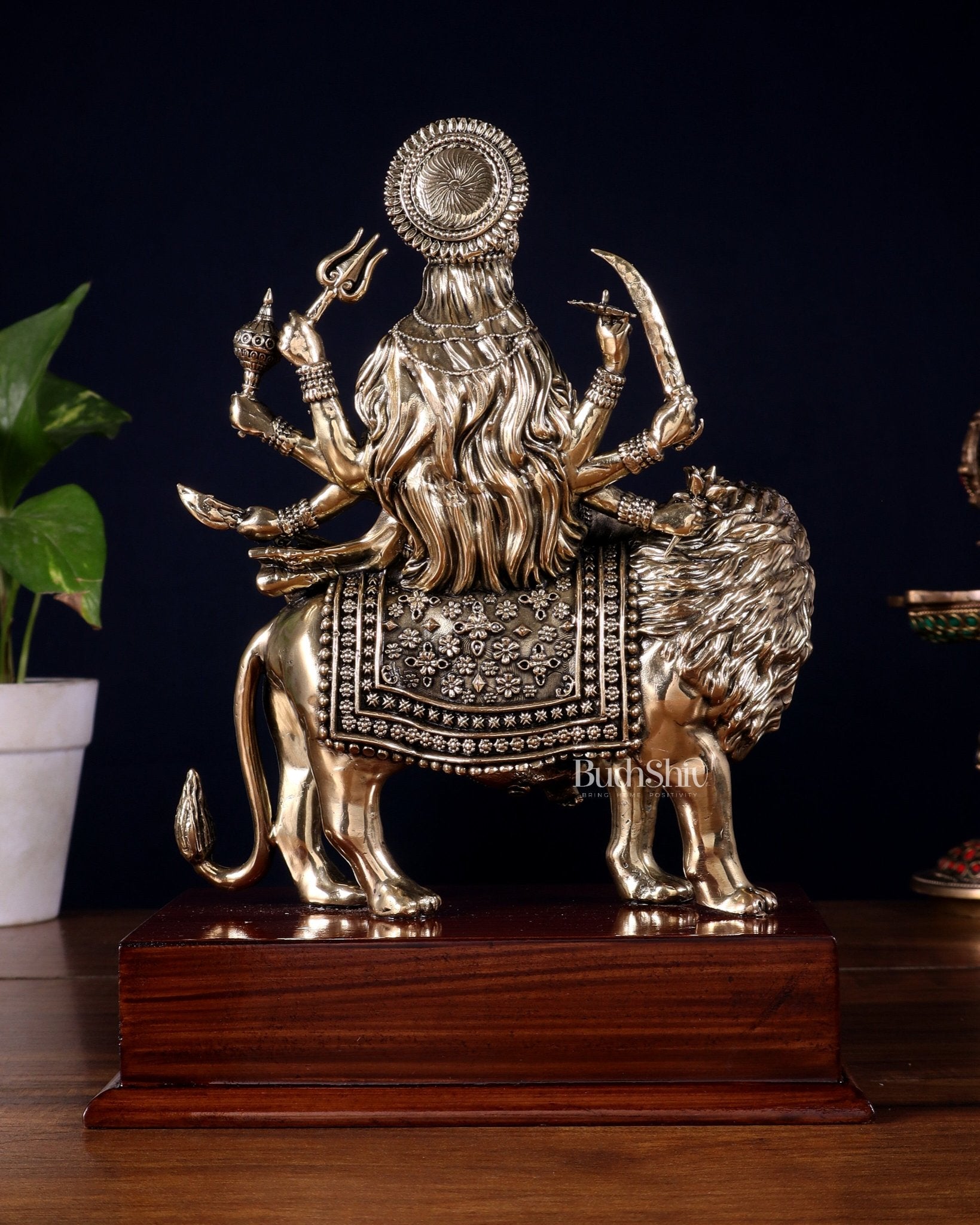 Brass Superfine Durga Ambe Mata Idol on Wooden Base – 9.5 Inch - Budhshiv.com