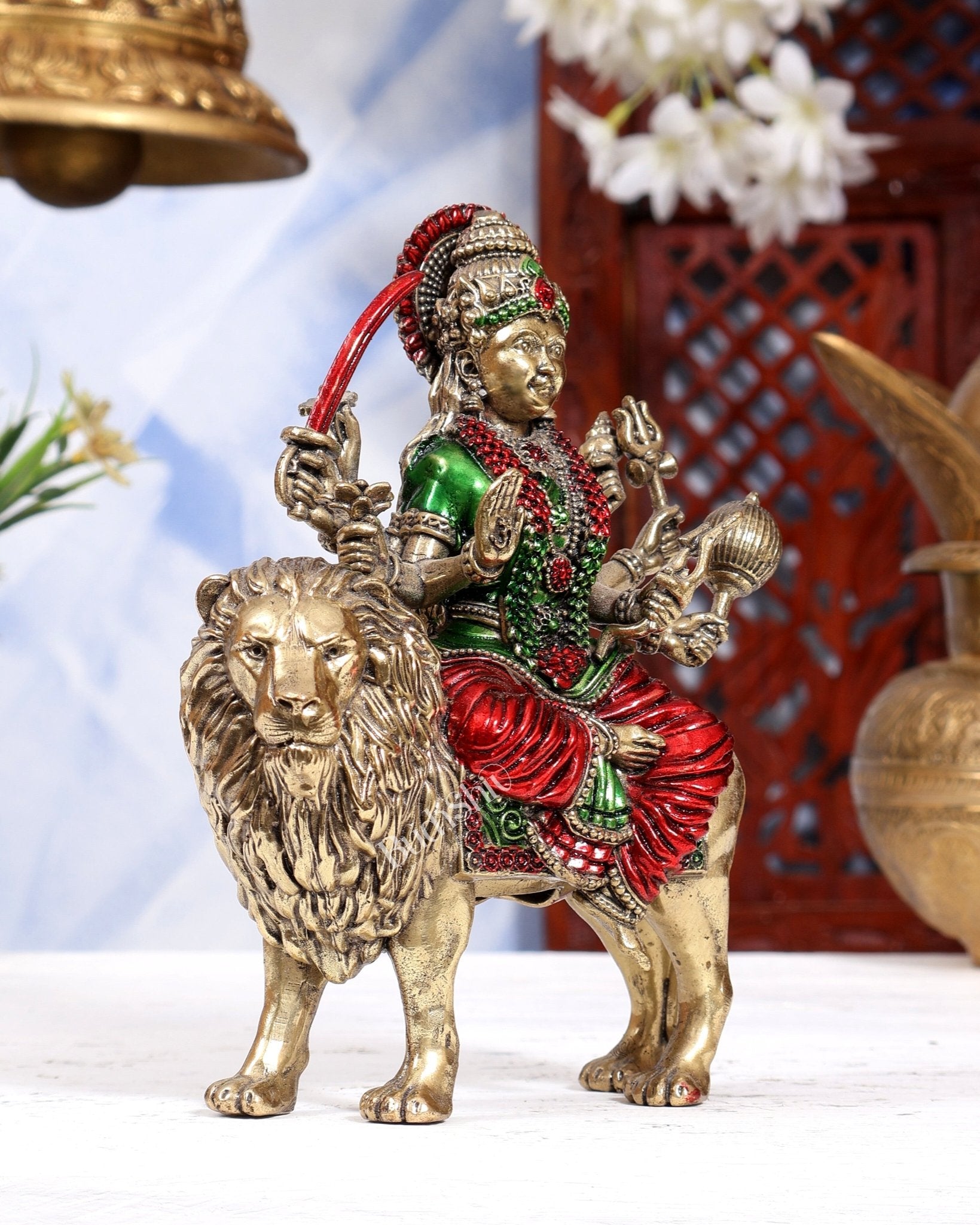 Brass Superfine Durga Ambe Mata Sitting on Lion idol - 6 inch hand-painted - Budhshiv.com