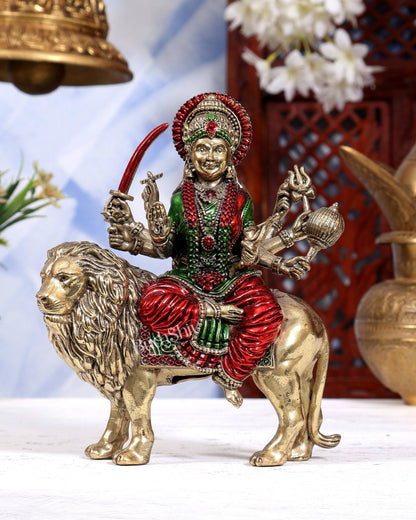 Brass Superfine Durga Ambe Mata Sitting on Lion idol - 6 inch hand-painted - Budhshiv.com