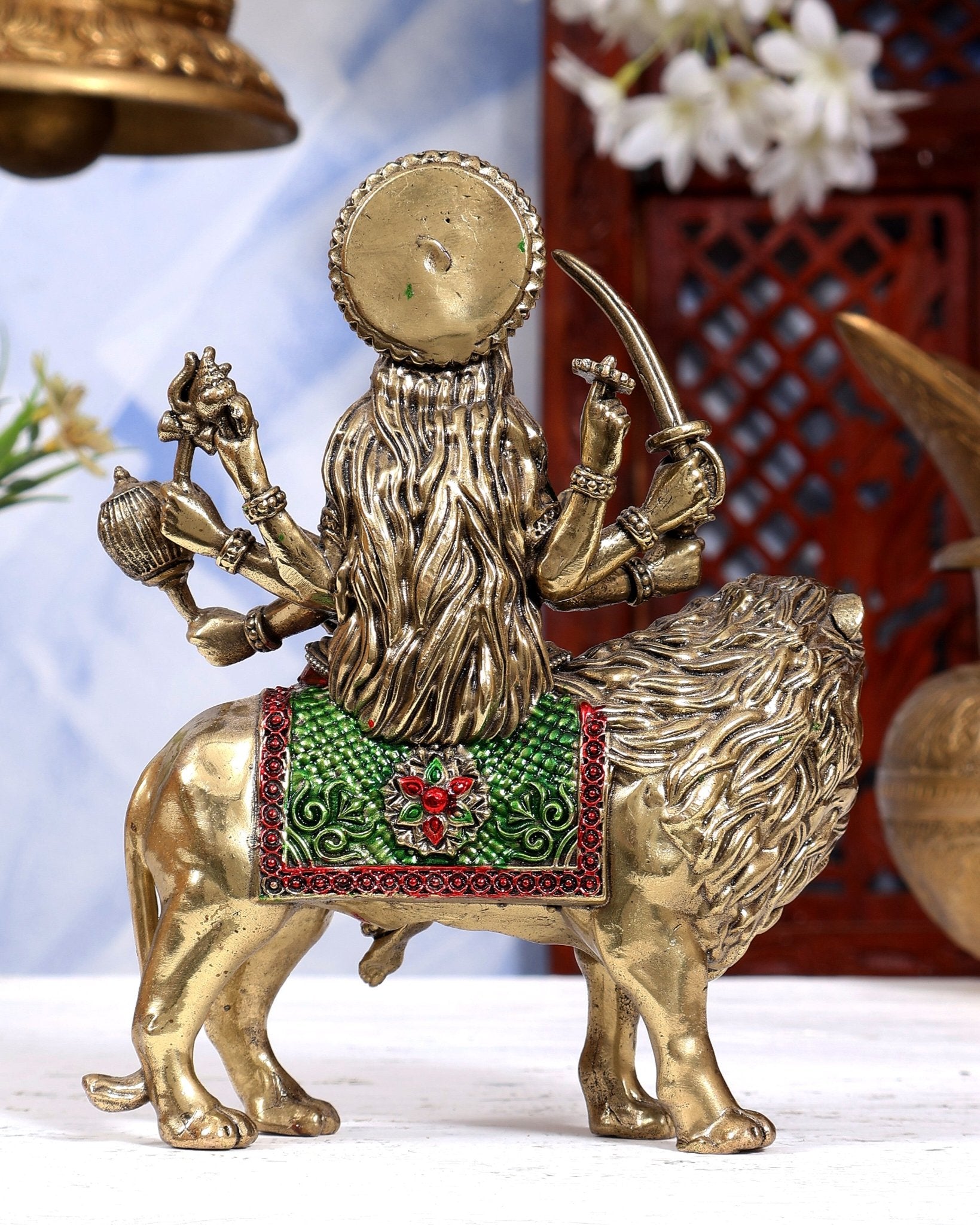 Brass Superfine Durga Ambe Mata Sitting on Lion idol - 6 inch hand-painted - Budhshiv.com