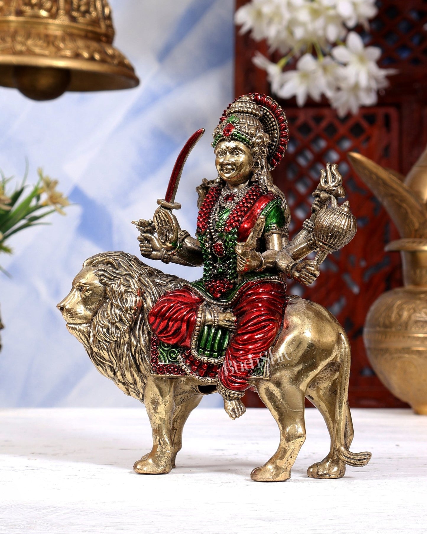 Brass Superfine Durga Ambe Mata Sitting on Lion idol - 6 inch hand-painted - Budhshiv.com