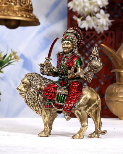 Brass Superfine Durga Ambe Mata Sitting on Lion idol - 6 inch hand-painted - Budhshiv.com