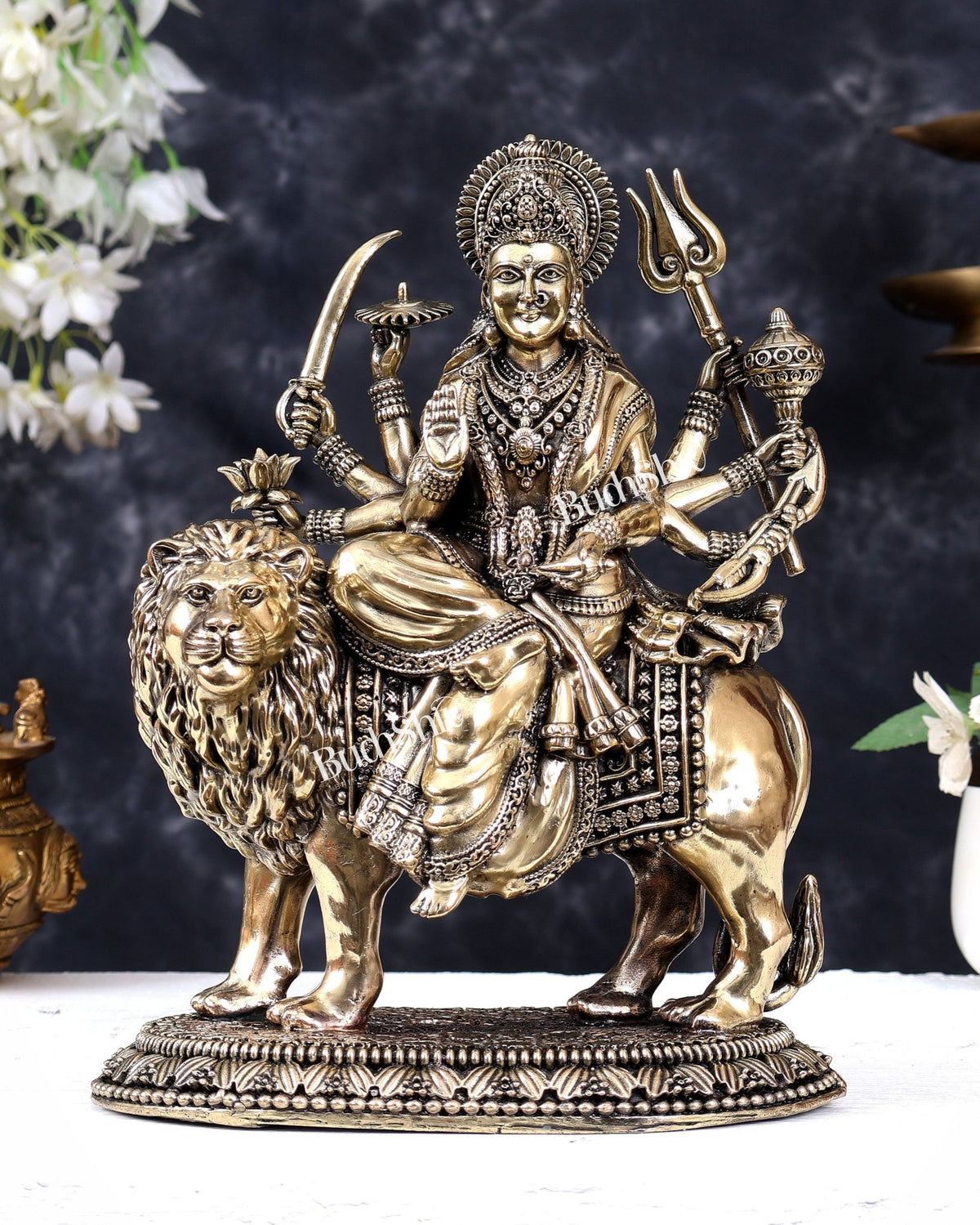 Brass Superfine Durga Ambe Mata Statue with Base 10.5 inch - Budhshiv.com