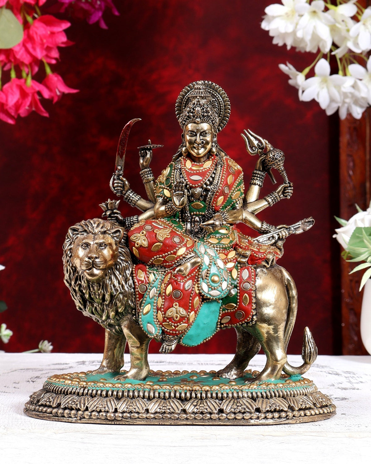Brass Superfine Durga Ambe Mata Statue with Base 8.5 inch meenakari - Budhshiv.com