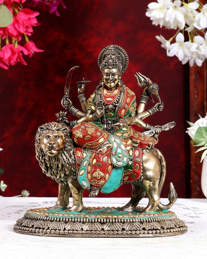 Brass Superfine Durga Ambe Mata Statue with Base 8.5 inch meenakari - Budhshiv.com