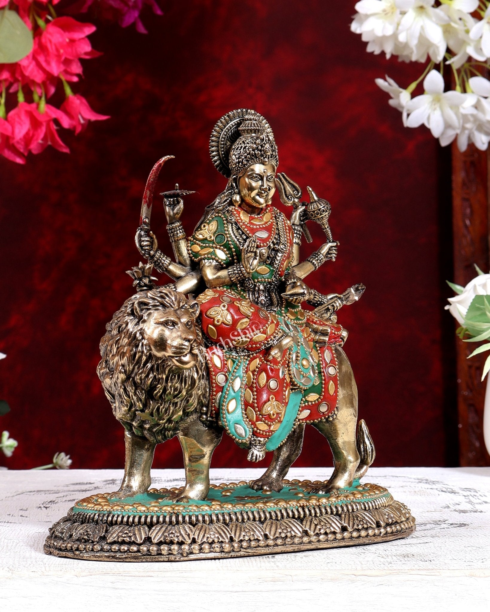 Brass Superfine Durga Ambe Mata Statue with Base 8.5 inch meenakari - Budhshiv.com