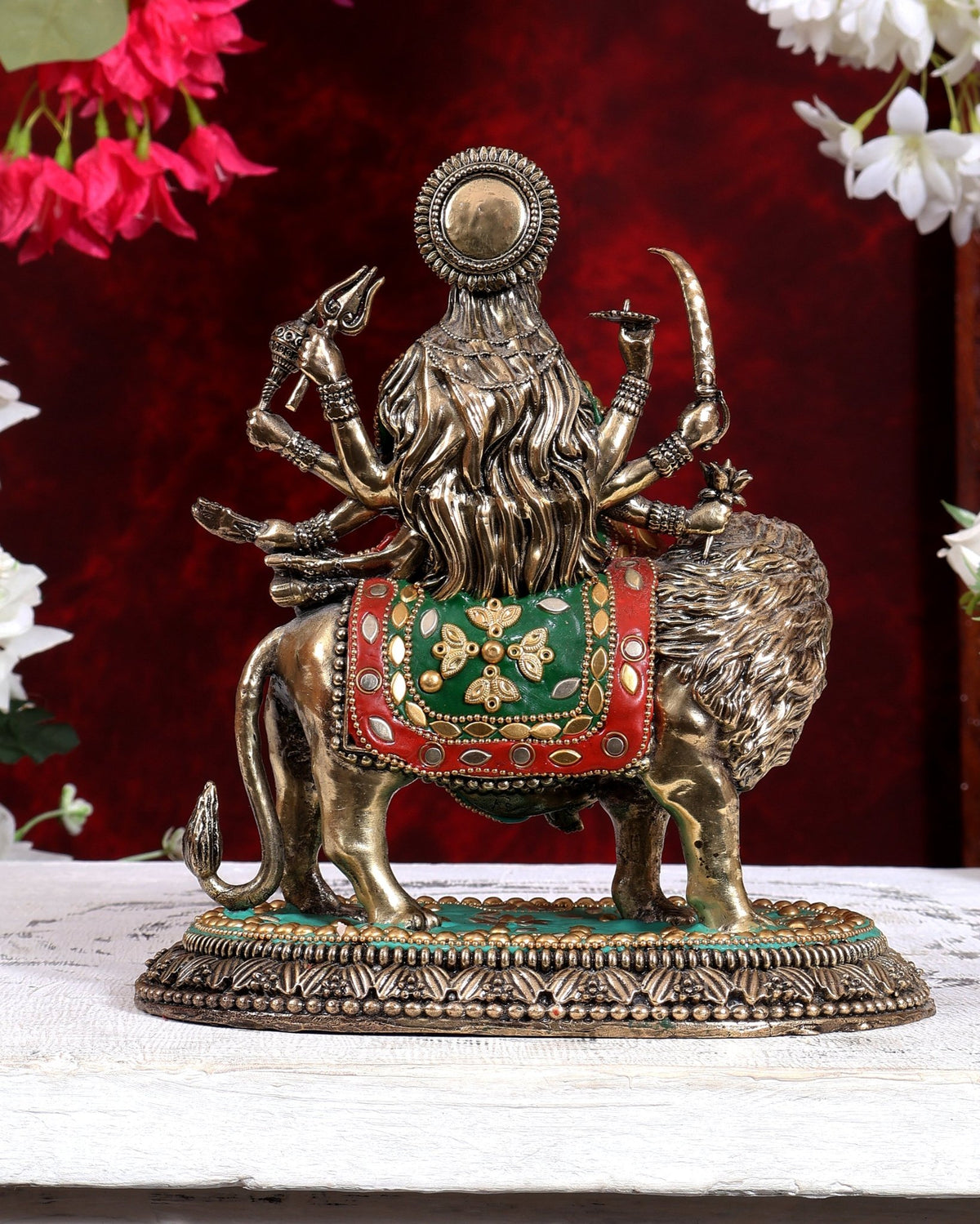 Brass Superfine Durga Ambe Mata Statue with Base 8.5 inch meenakari - Budhshiv.com