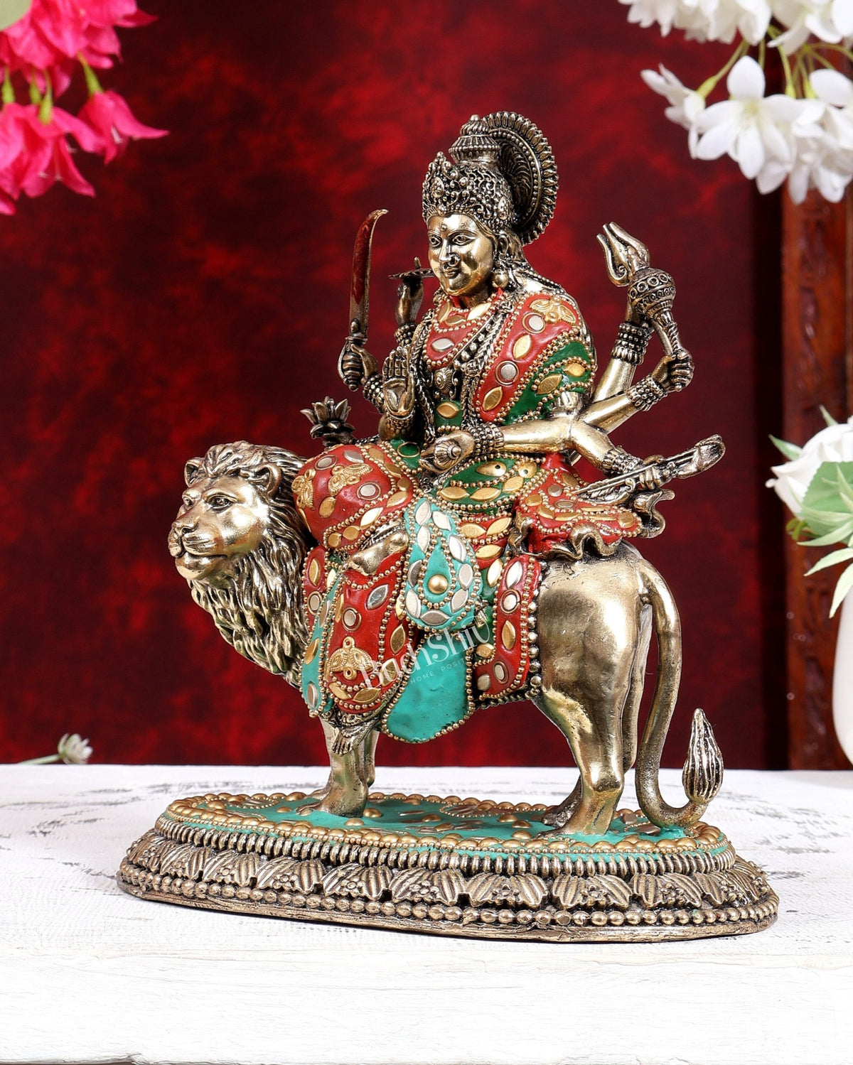 Brass Superfine Durga Ambe Mata Statue with Base 8.5 inch meenakari - Budhshiv.com