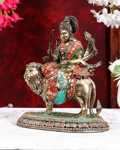 Brass Superfine Durga Ambe Mata Statue with Base 8.5 inch meenakari - Budhshiv.com