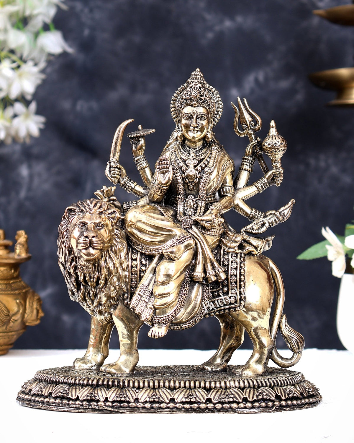 Brass Superfine Durga Ambe Mata Statue with Base – Sacred Hindu Goddess Idol 8.5 inch - Budhshiv.com