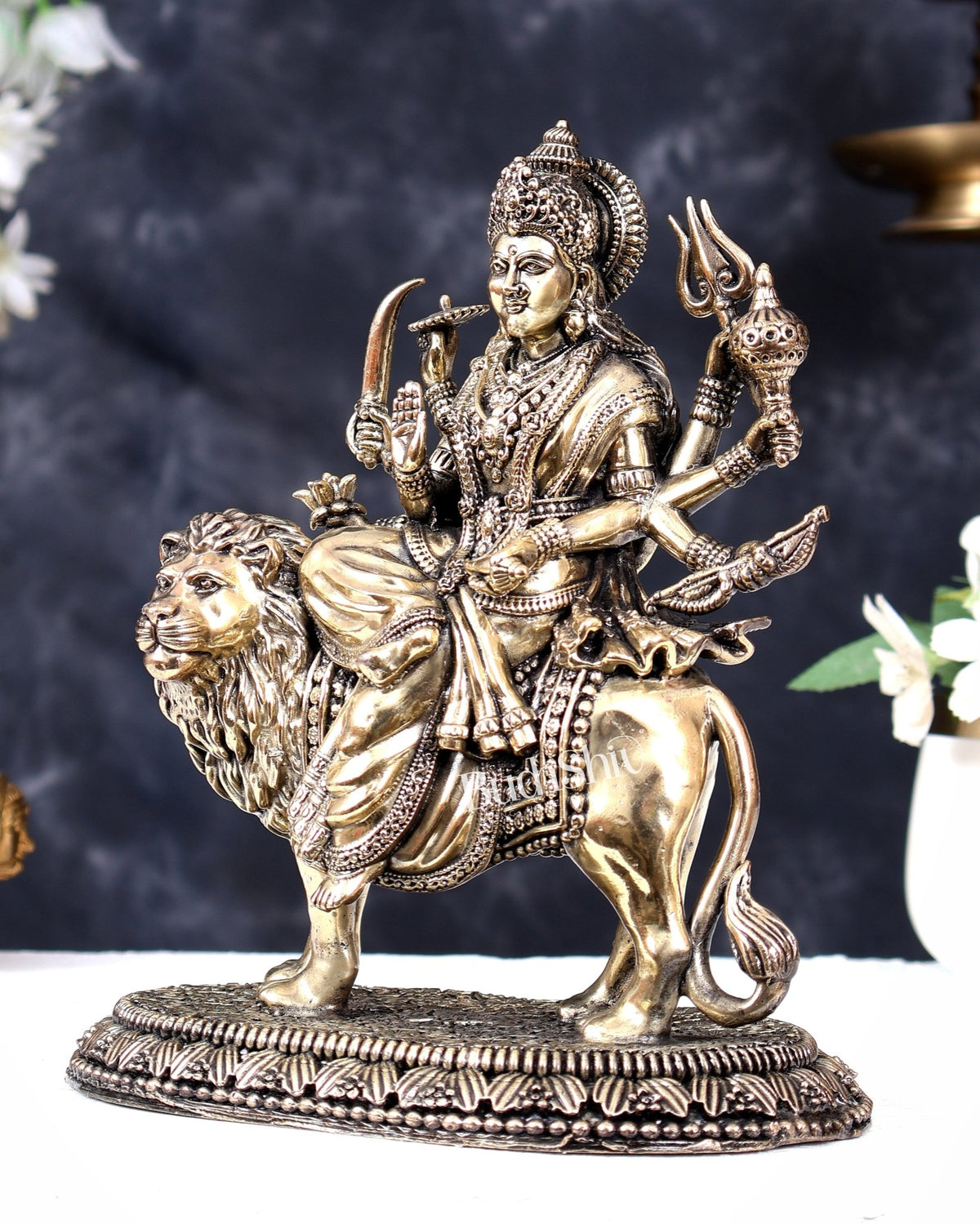 Brass Superfine Durga Ambe Mata Statue with Base – Sacred Hindu Goddess Idol 8.5 inch - Budhshiv.com
