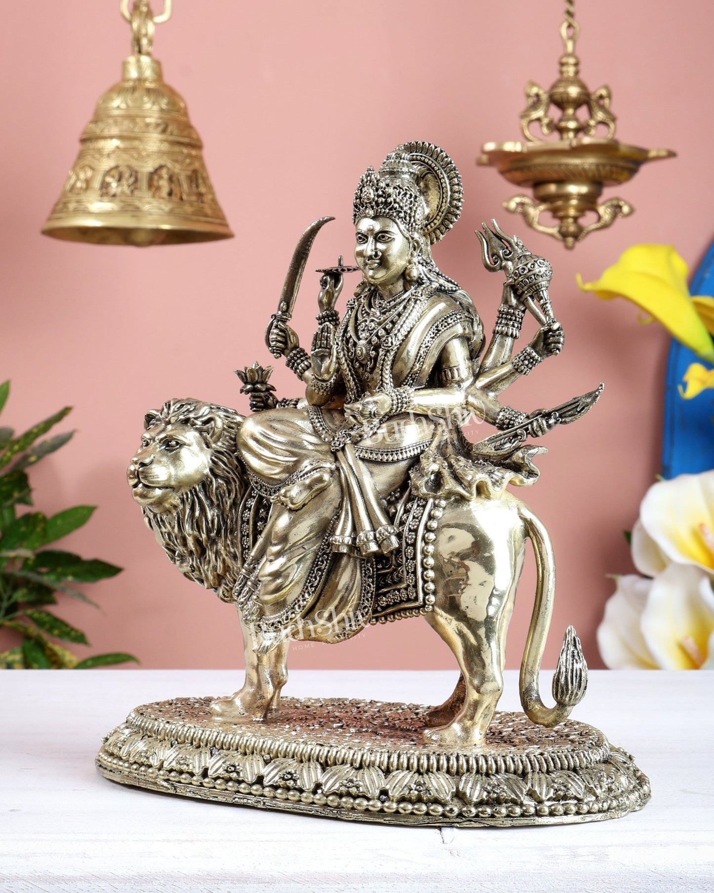 Brass Superfine Durga Ambe Mata Statue with Base – Sacred Hindu Goddess Idol 8.5 inch - Budhshiv.com