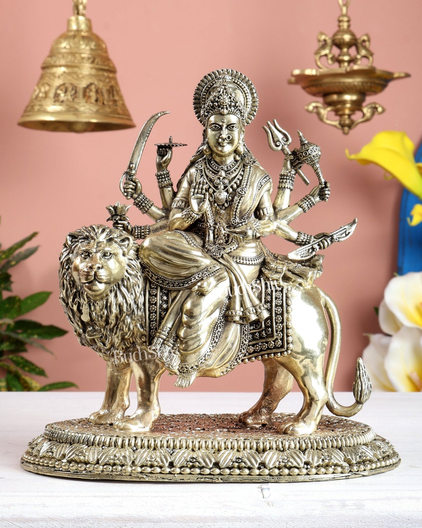 Brass Superfine Durga Ambe Mata Statue with Base – Sacred Hindu Goddess Idol 8.5 inch - Budhshiv.com