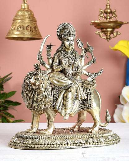 Brass Superfine Durga Ambe Mata Statue with Base – Sacred Hindu Goddess Idol 8.5 inch - Budhshiv.com