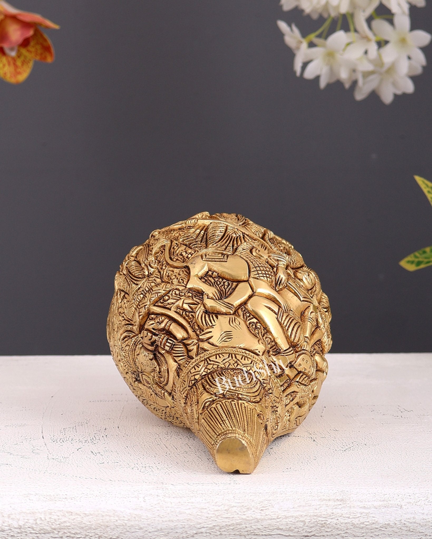 Brass Superfine Durga Darbar Shankh – 9.5 inch - Budhshiv.com