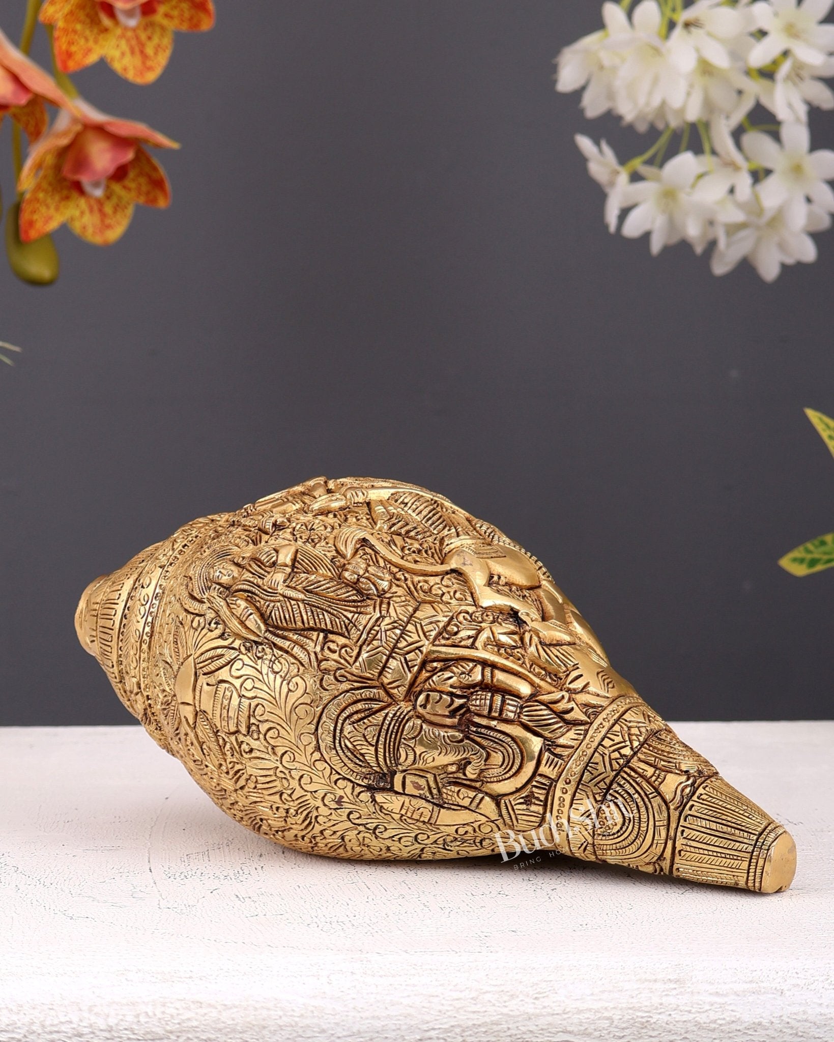 Brass Superfine Durga Darbar Shankh – 9.5 inch - Budhshiv.com