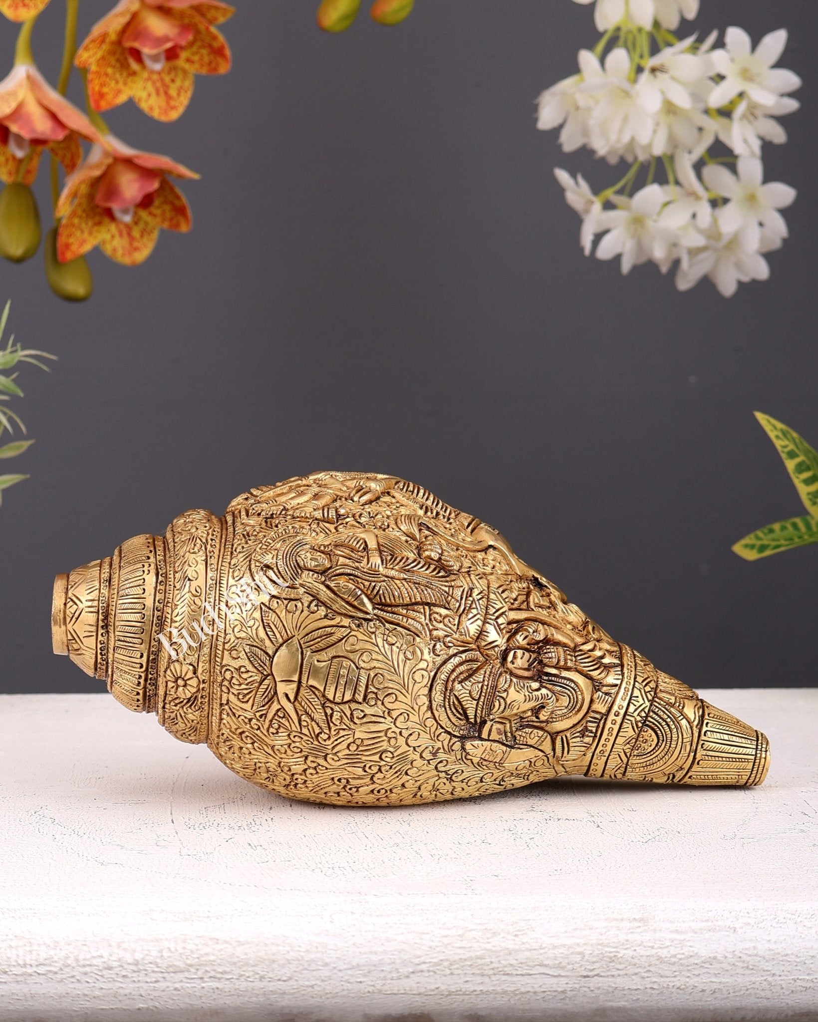 Brass Superfine Durga Darbar Shankh – 9.5 inch - Budhshiv.com