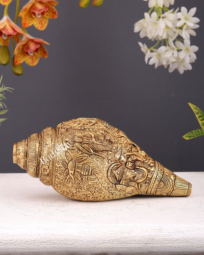 Brass Superfine Durga Darbar Shankh – 9.5 inch - Budhshiv.com