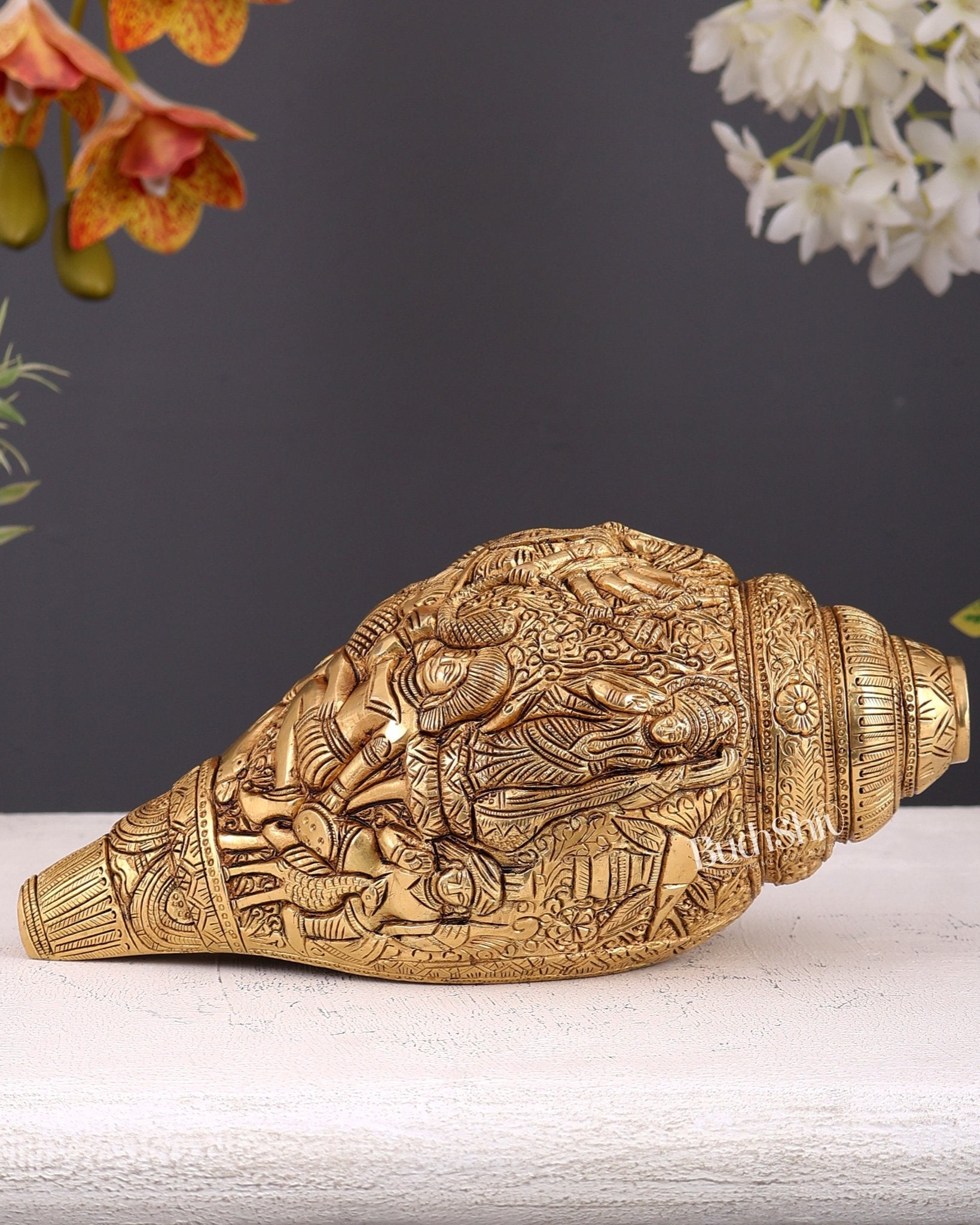 Brass Superfine Durga Darbar Shankh – 9.5 inch - Budhshiv.com