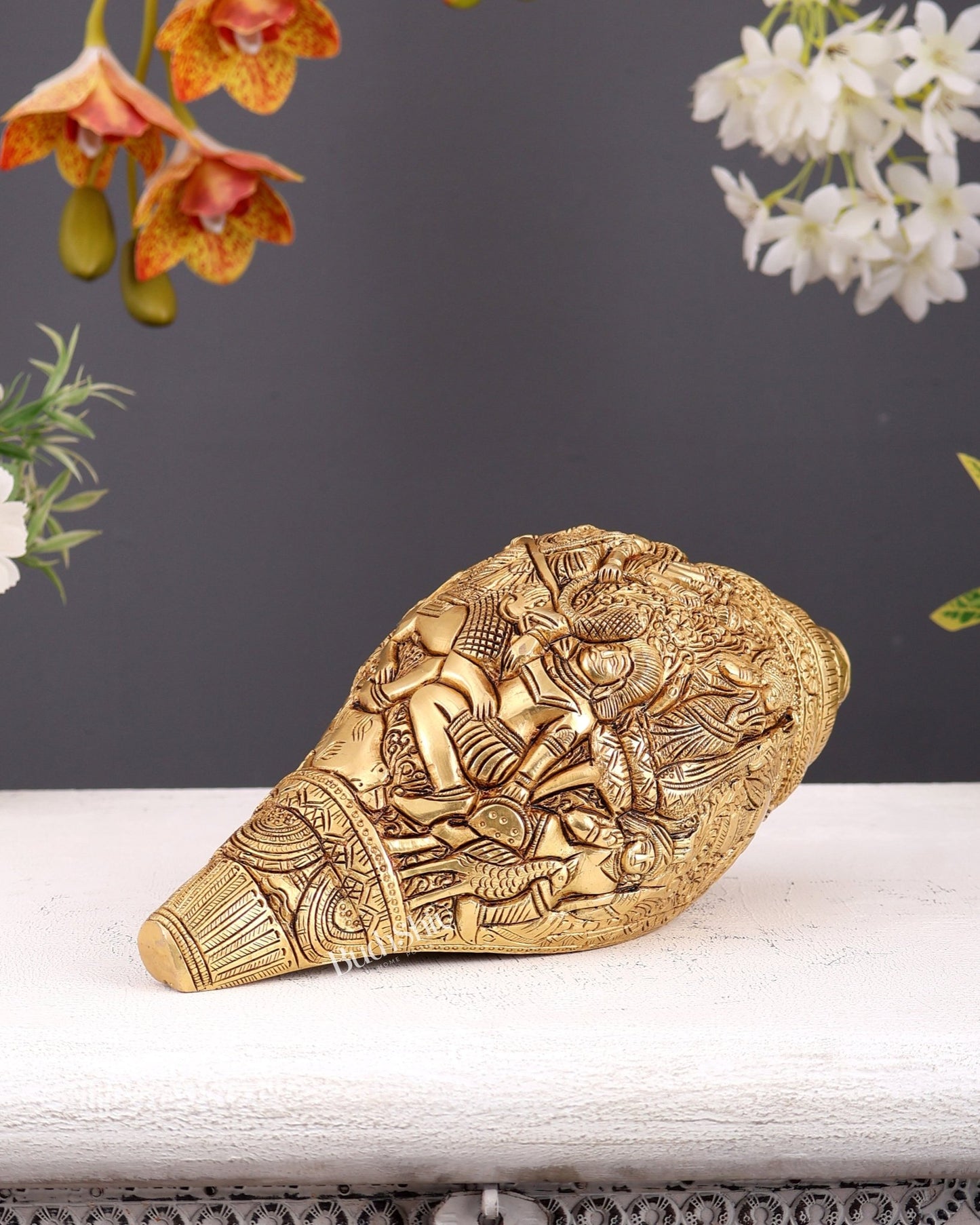 Brass Superfine Durga Darbar Shankh – 9.5 inch - Budhshiv.com