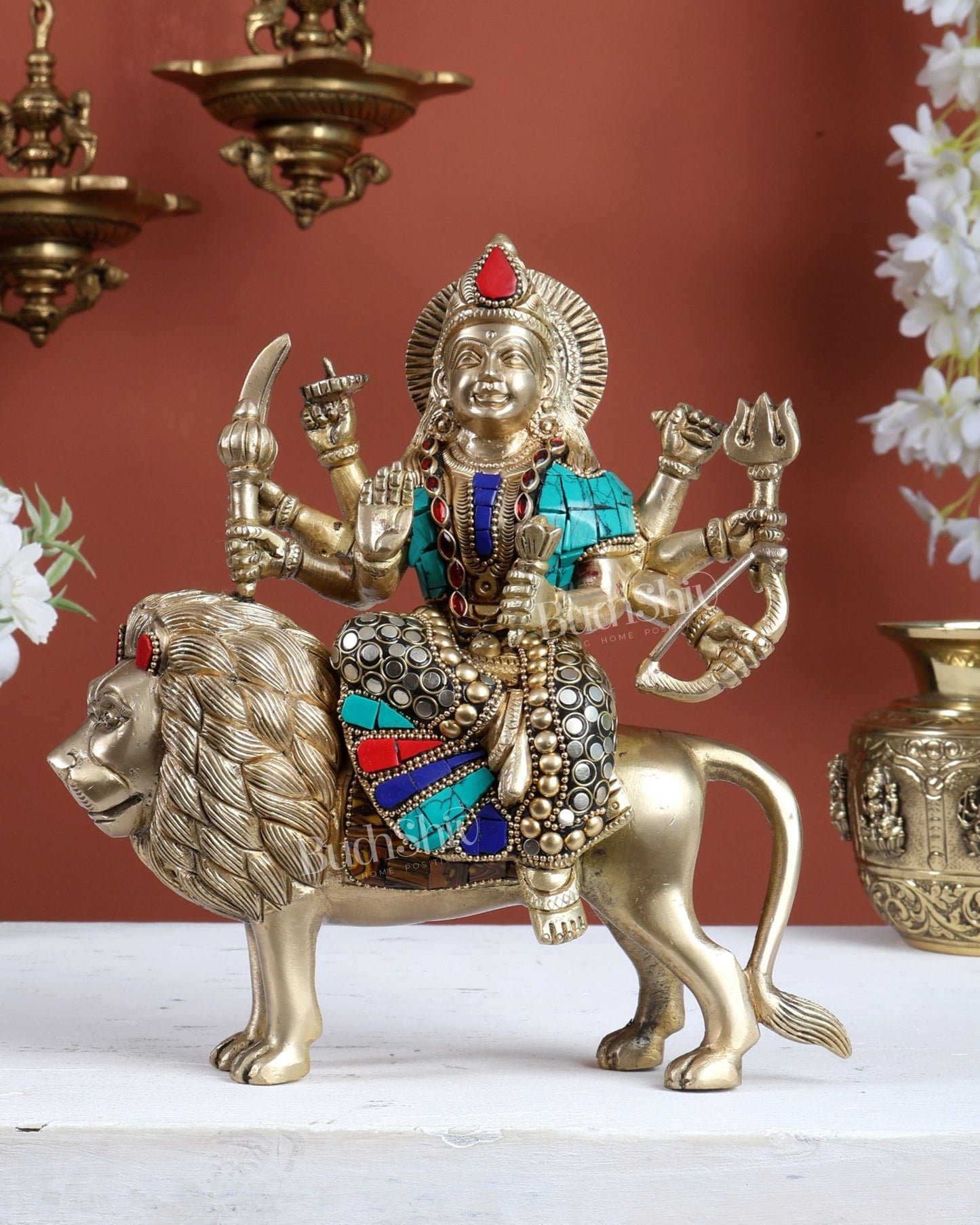 Brass Superfine Durga ma statue 8.5" stonework - Budhshiv.com
