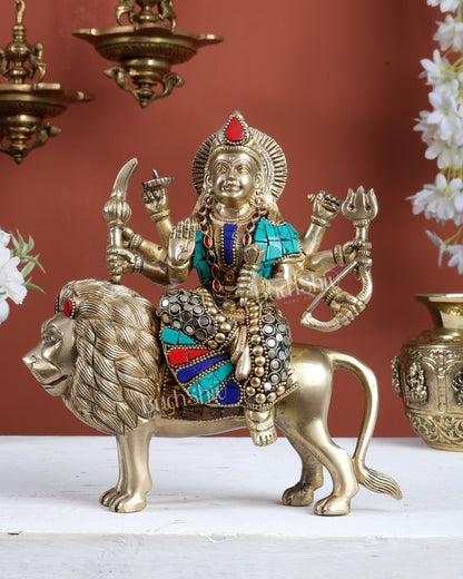Brass Superfine Durga ma statue 8.5" stonework - Budhshiv.com
