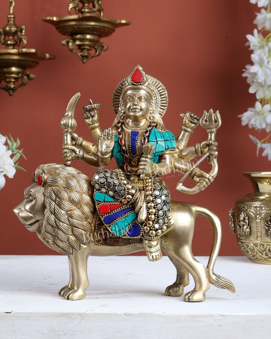 Brass Superfine Durga ma statue 8.5" stonework - Budhshiv.com
