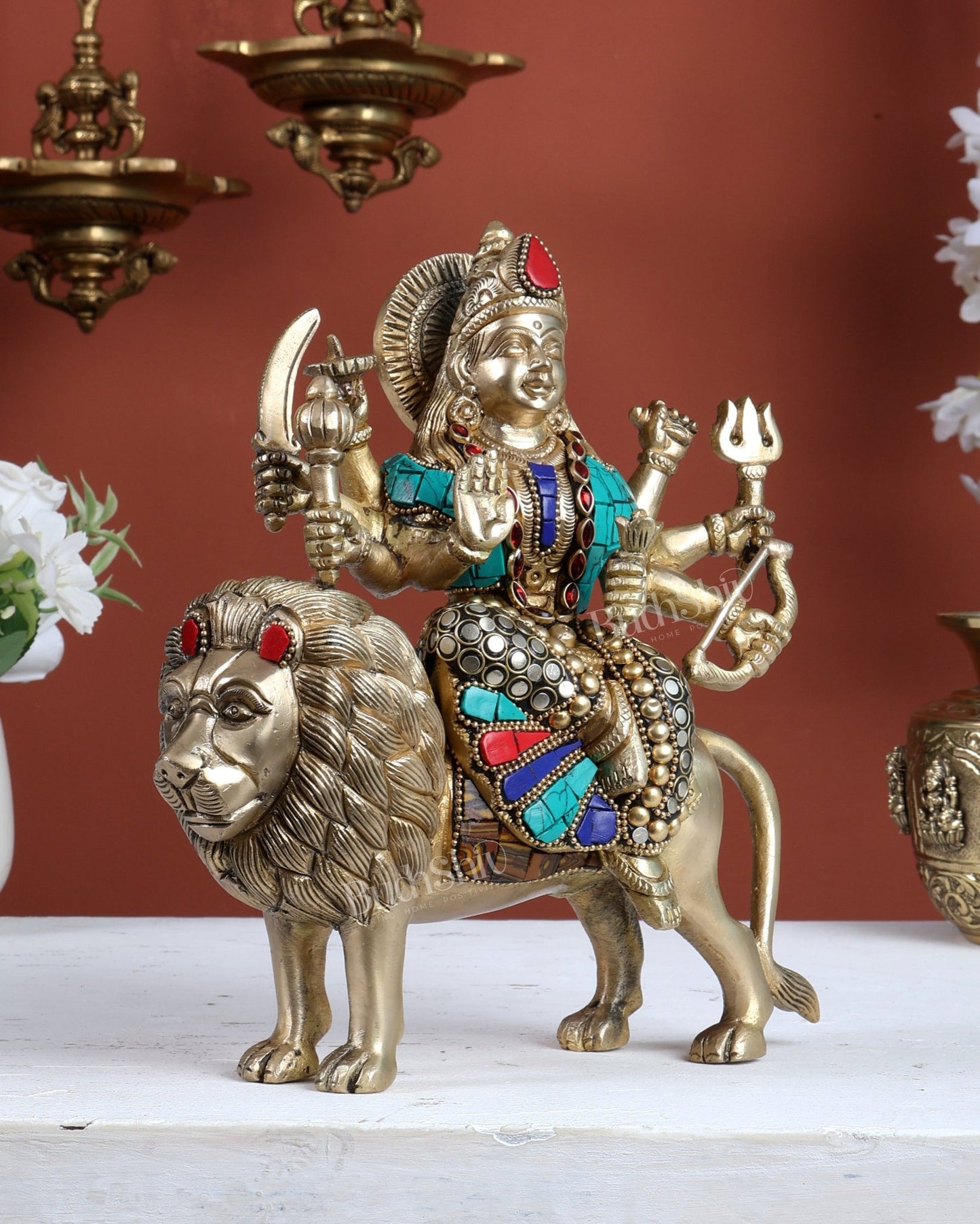 Brass Superfine Durga ma statue 8.5" stonework - Budhshiv.com