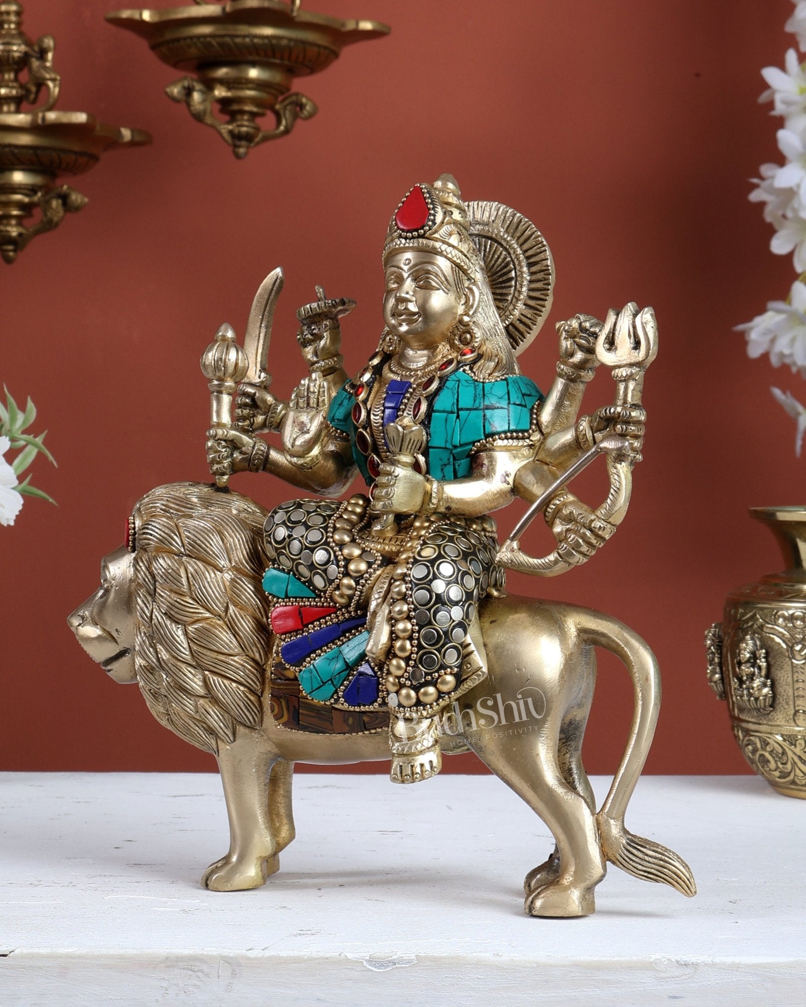 Brass Superfine Durga ma statue 8.5" stonework - Budhshiv.com