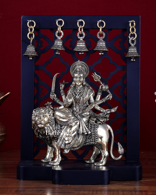 Brass Superfine Durga Mata Idol with Hanging Bells – MDF Temple Frame Panel 12 inch - Budhshiv.com