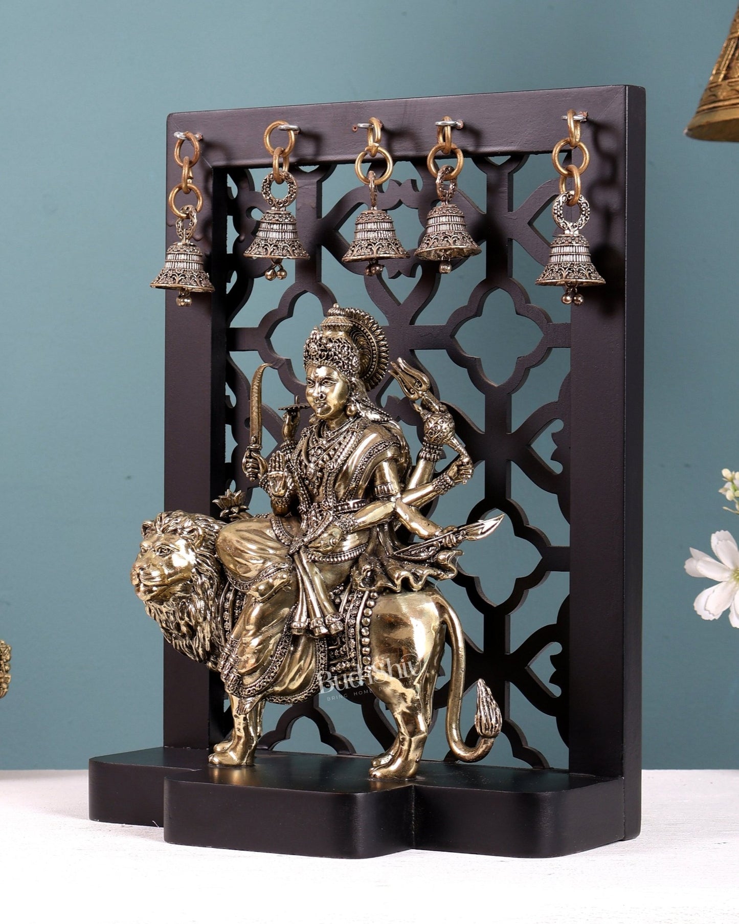Brass Superfine Durga Mata Idol with Hanging Bells – MDF Temple Frame Panel 12 inch - Budhshiv.com